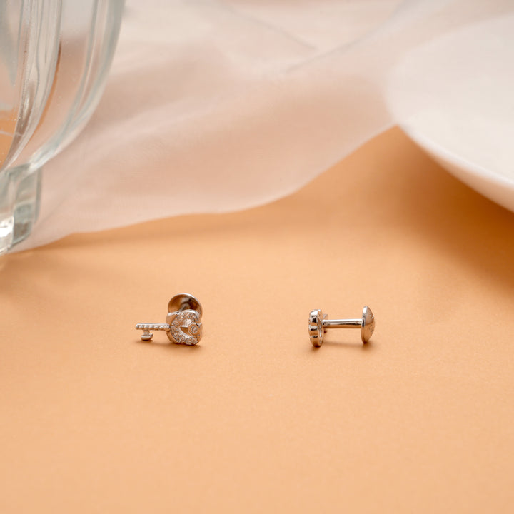 Cute Little Heart and Key Silver Stud
