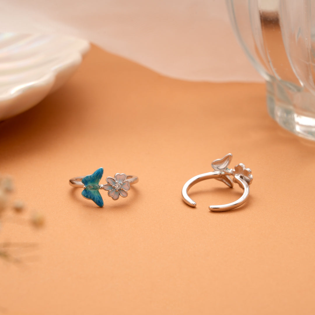 Blue Butterfly Floral Silver Toe Ring