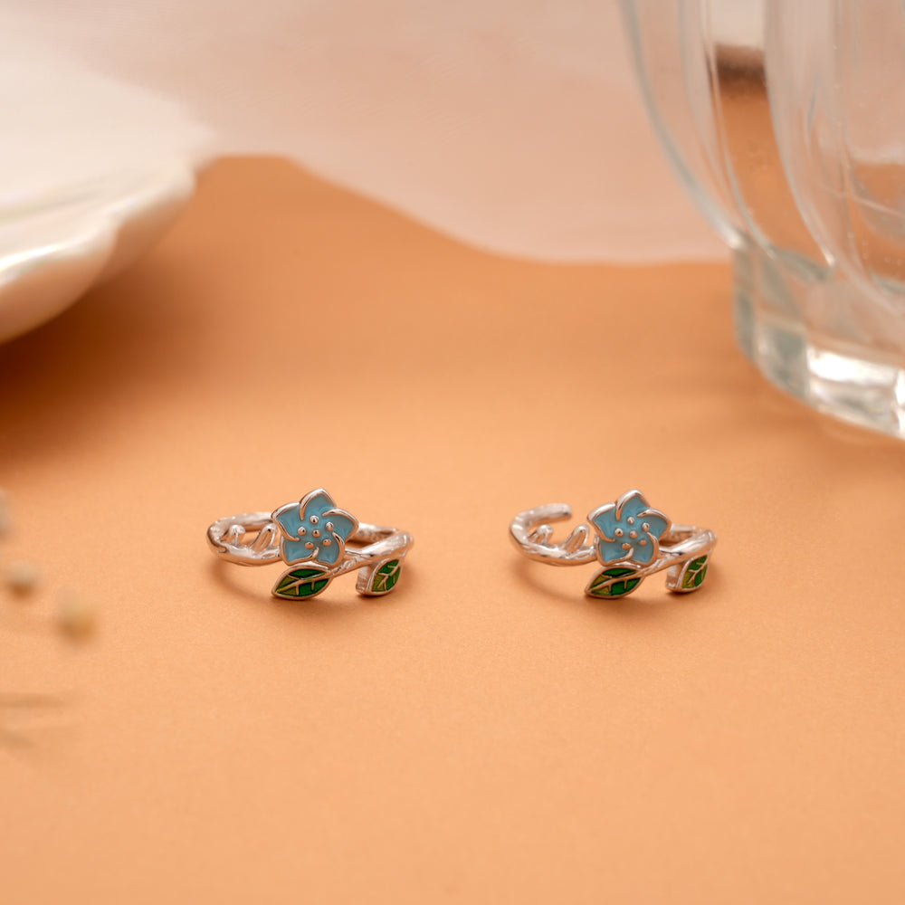 Minimal Floral Blue Enamel Silver Toe Ring