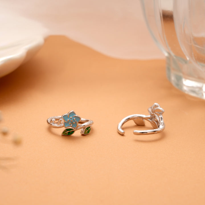 Minimal Floral Blue Enamel Silver Toe Ring