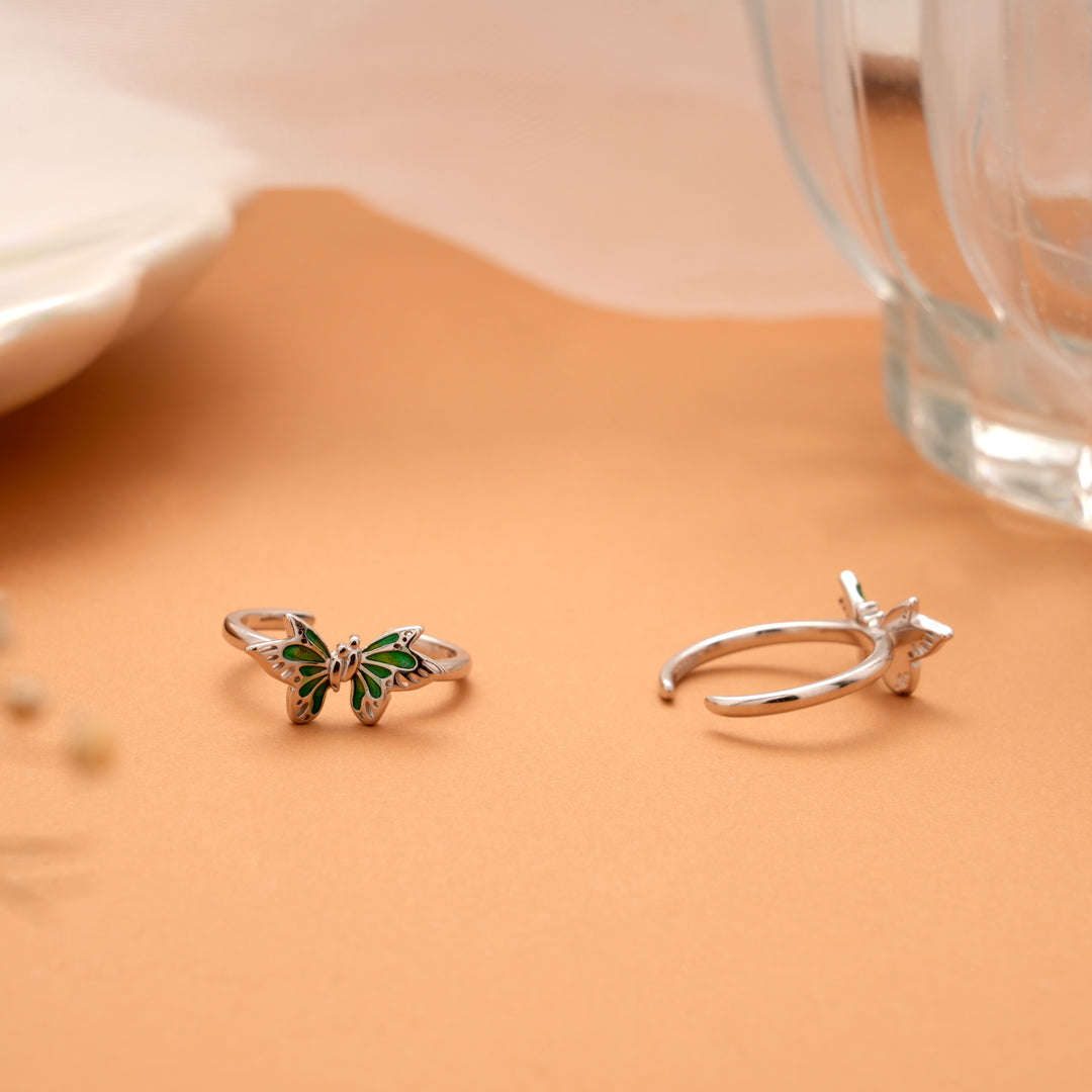 Fancy Green Butterfly Silver Toe Ring