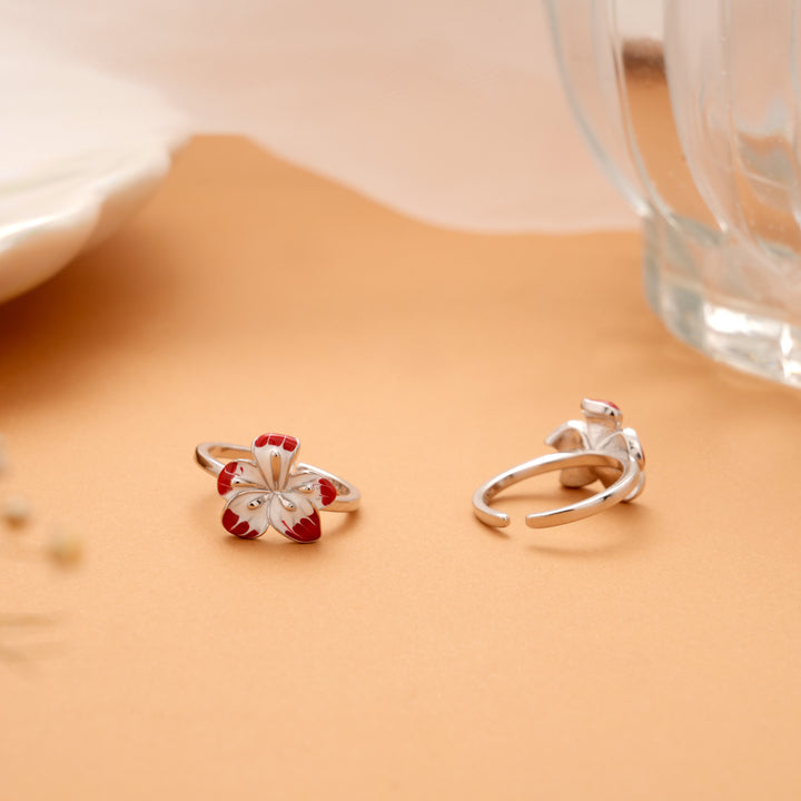 Blooming Red Enamel Flower Silver Toe Ring