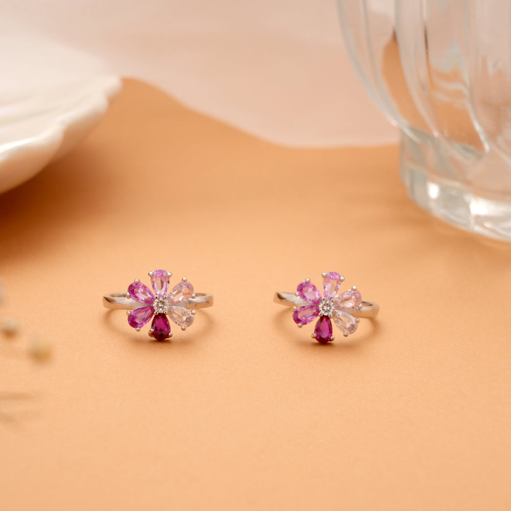 Floral Pink Stone Fancy Silver Toe Ring