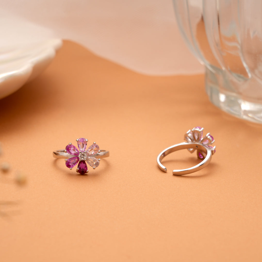 Floral Pink Stone Fancy Silver Toe Ring