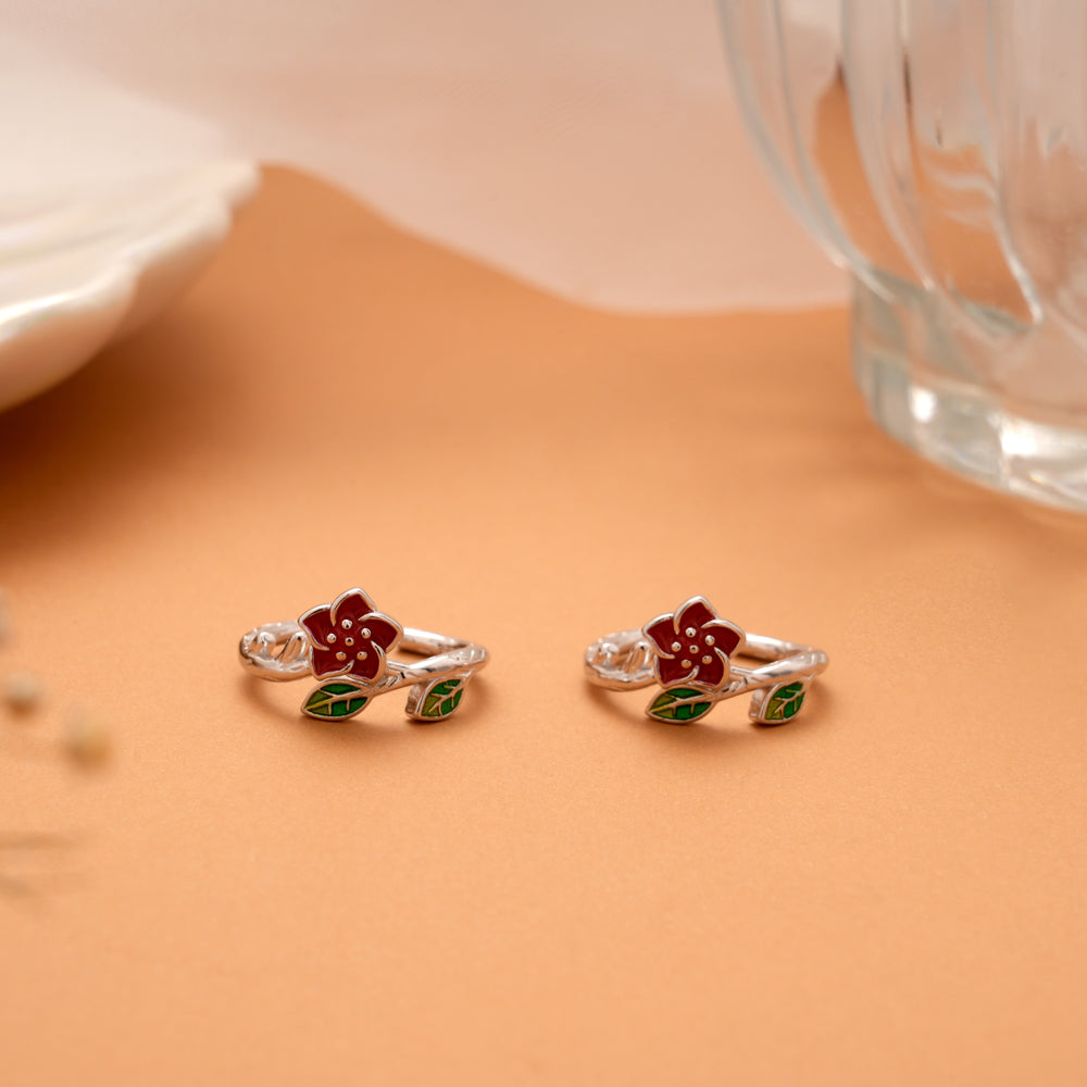 Minimal Floral Red Enamel Silver Toe Ring