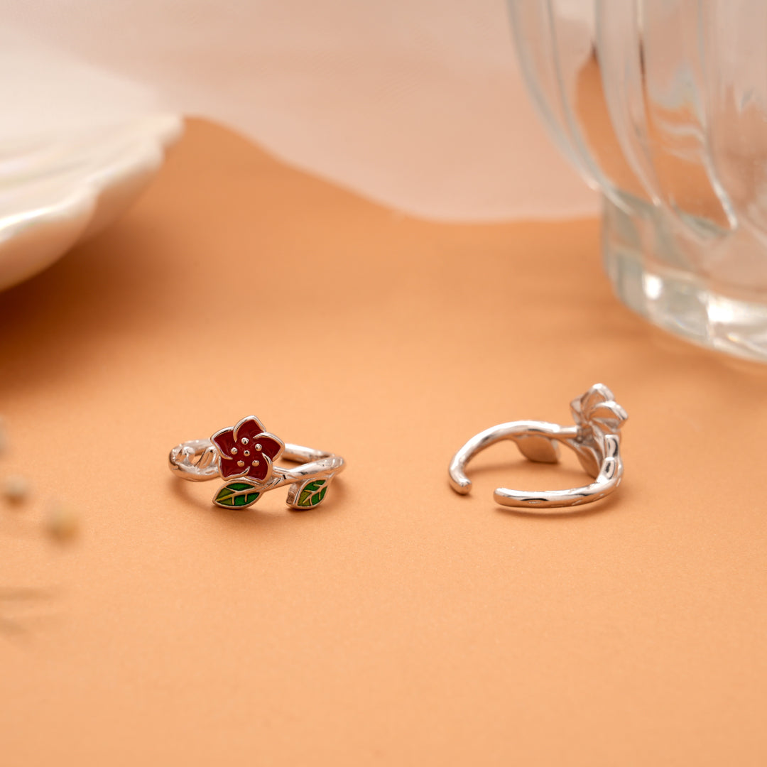 Minimal Floral Red Enamel Silver Toe Ring