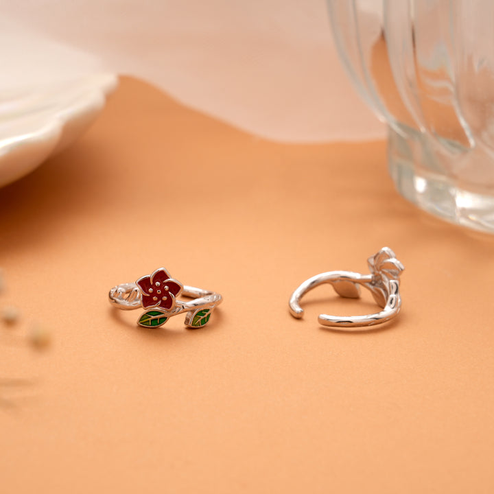 Minimal Floral Red Enamel Silver Toe Ring