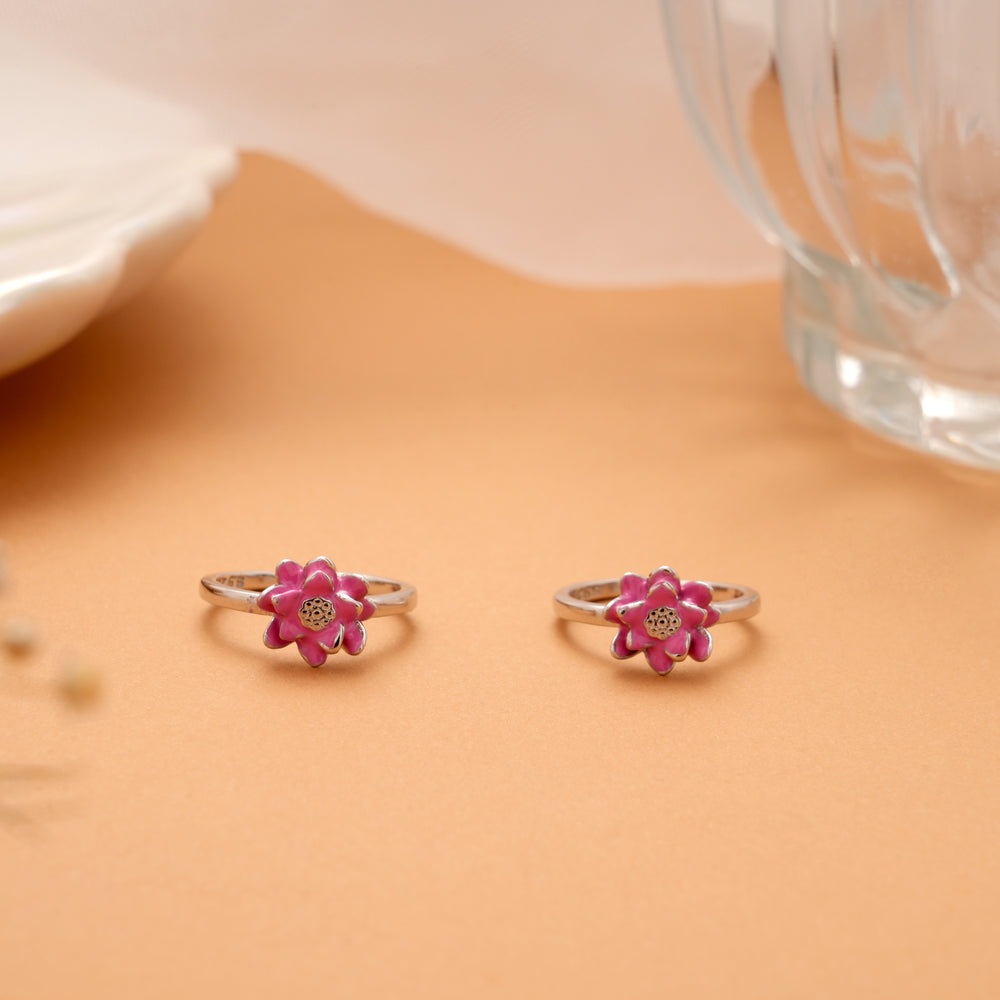 Pink Enamel Blooming Flower Silver Toe Ring