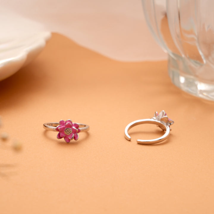 Pink Enamel Blooming Flower Silver Toe Ring