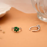 Green Enamel Blooming Flower Silver Toe Ring