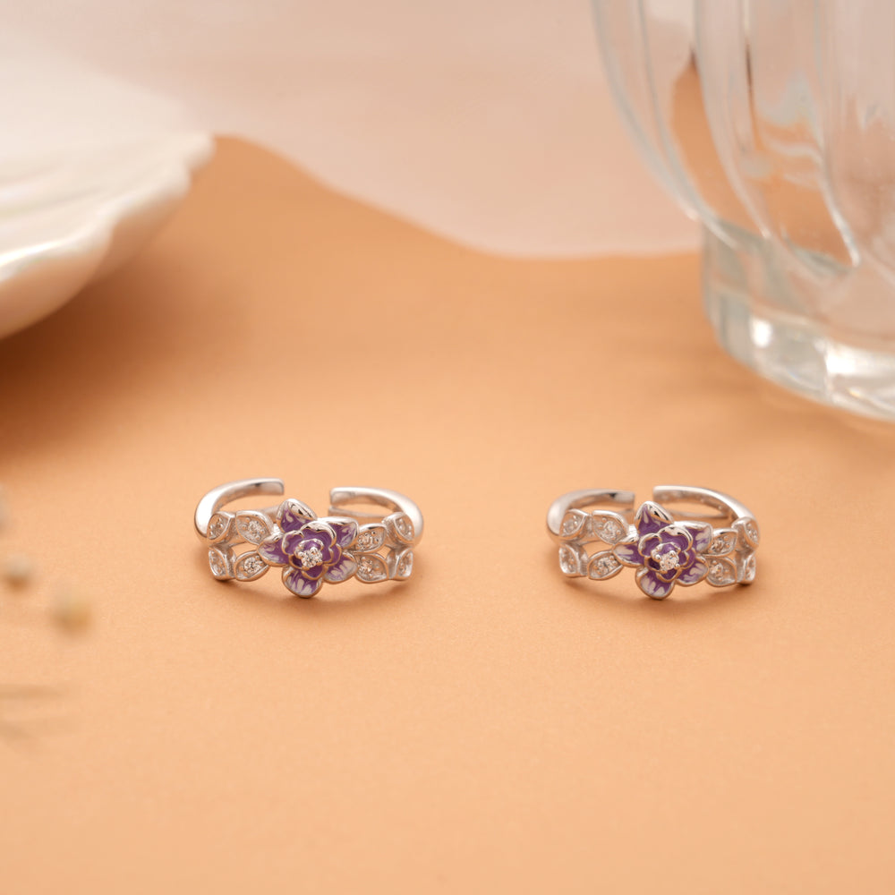 Purple Enamel Flower Silver Toe Ring