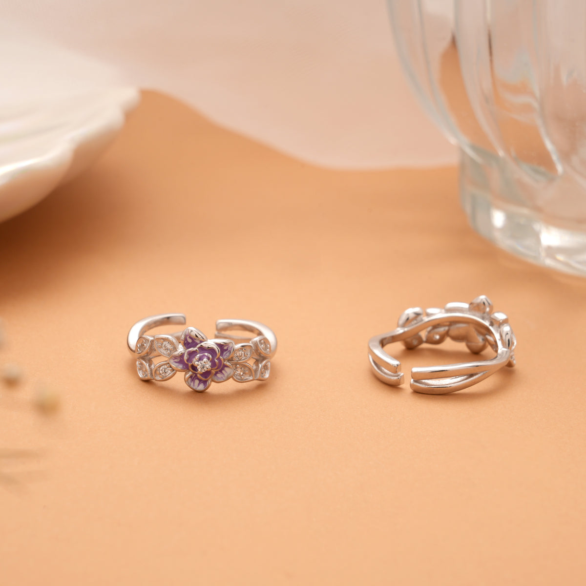 Purple Enamel Flower Silver Toe Ring