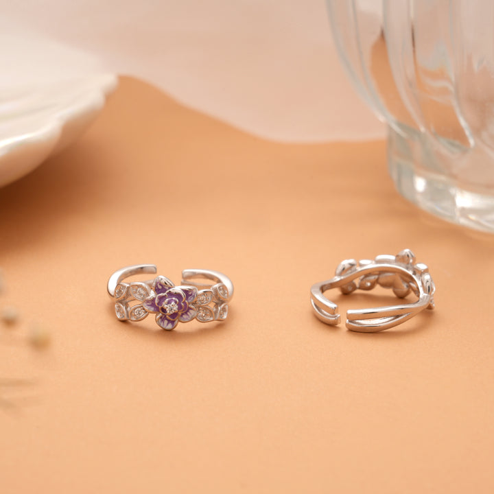 Purple Enamel Flower Silver Toe Ring