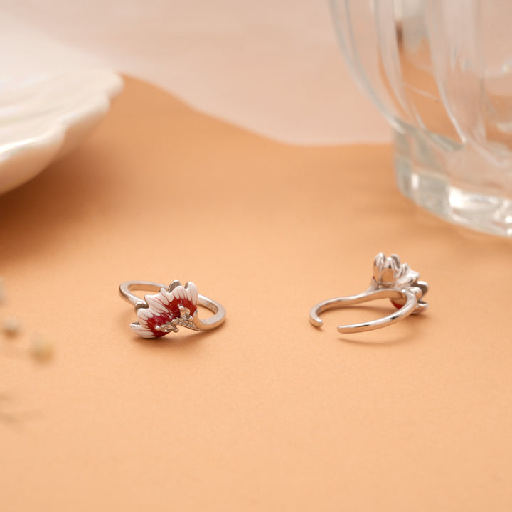 Red Enamel Flower Silver Toe Ring