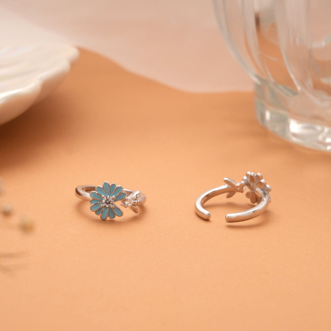 Blue Enamel Blossom Flower Silver Toe Ring