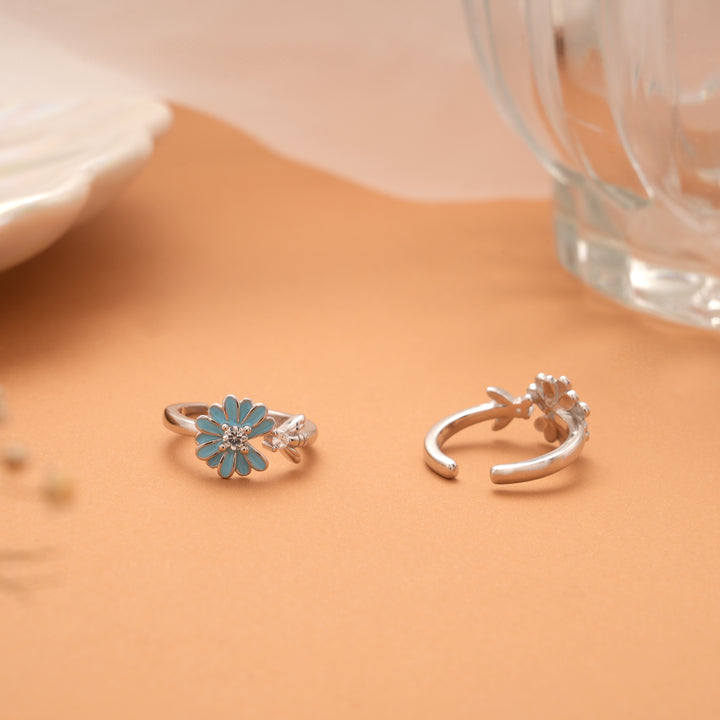 Blue Enamel Blossom Flower Silver Toe Ring