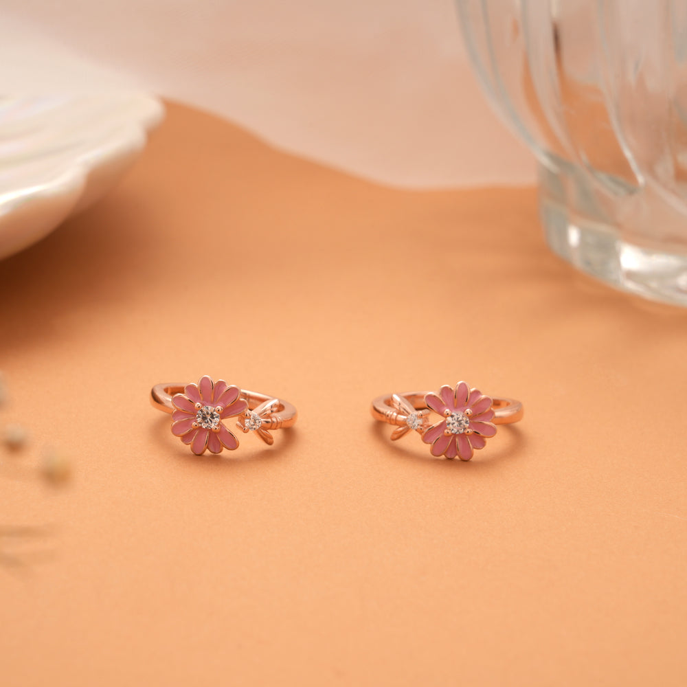 Pink Enamel Blossom Flower Rose Golden Silver Toe Ring