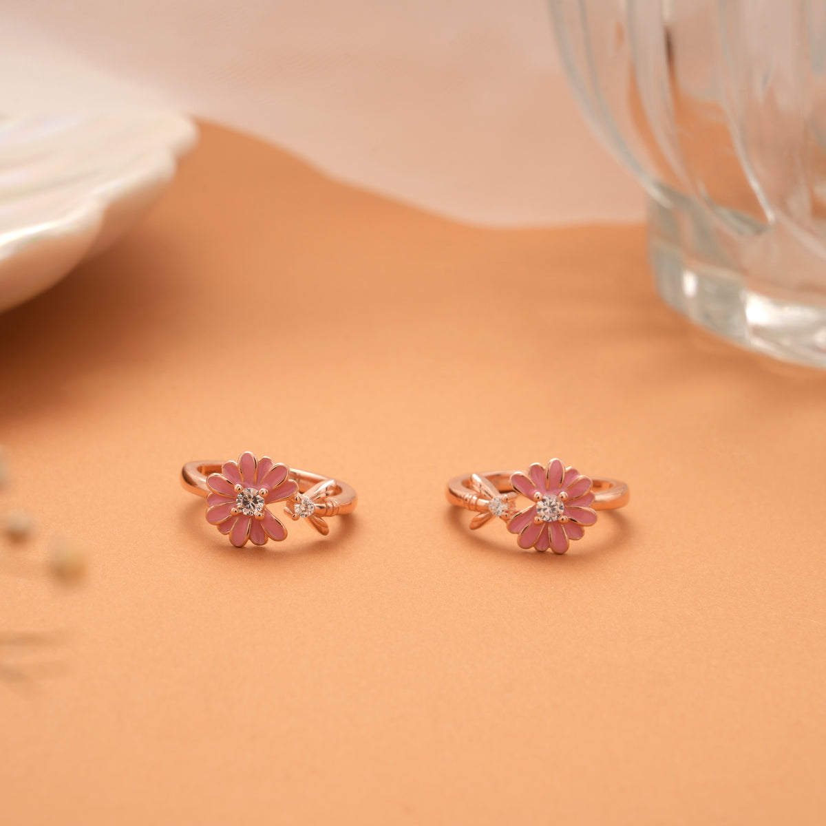 Pink Enamel Blossom Flower Rose Golden Silver Toe Ring