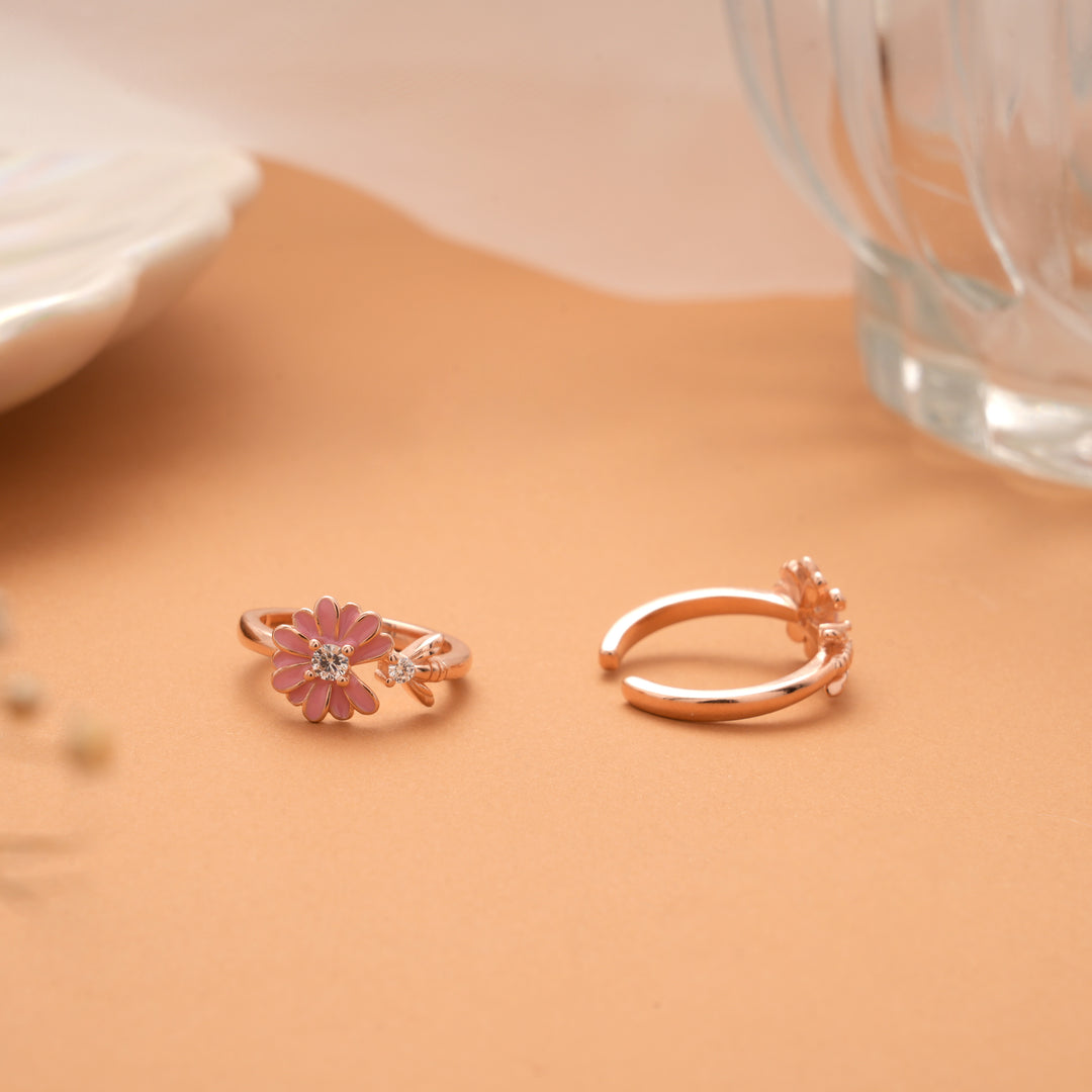 Pink Enamel Blossom Flower Rose Golden Silver Toe Ring