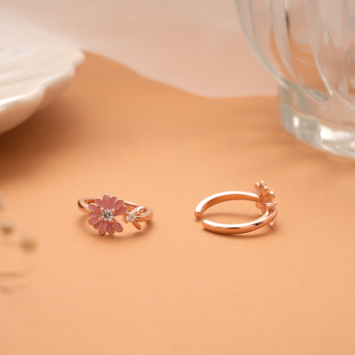 Pink Enamel Blossom Flower Rose Golden Silver Toe Ring