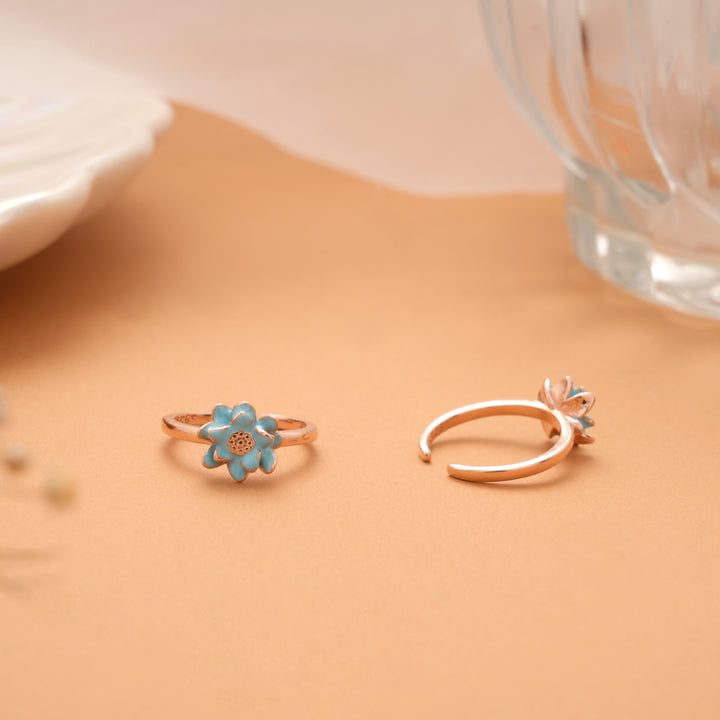 Blue Enamel Petal Flower Rose Golden Silver Toe Ring