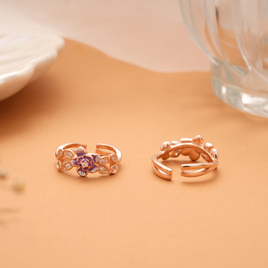 Purple Enamel Flower Rose Golden Silver Toe Ring
