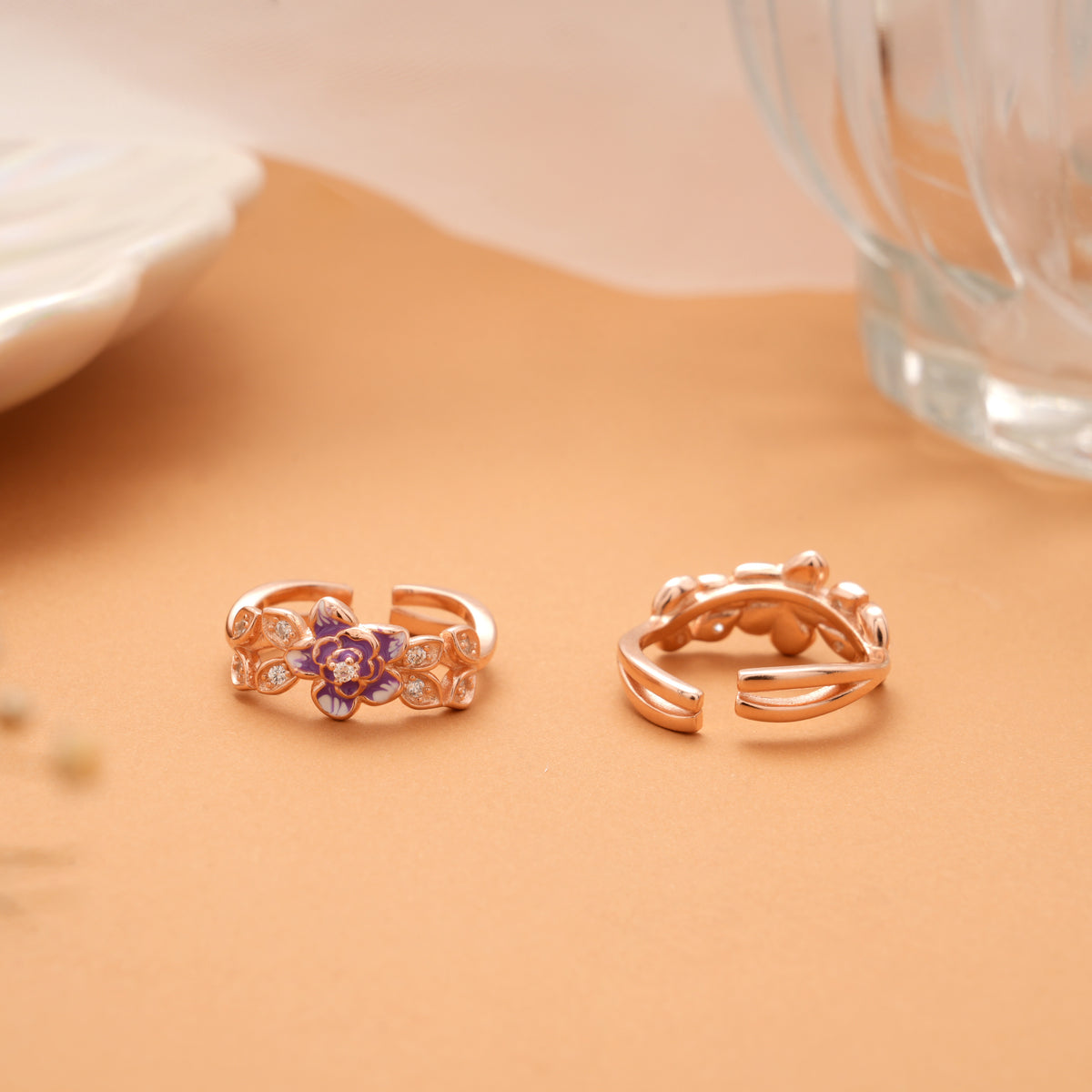 Purple Enamel Flower Rose Golden Silver Toe Ring