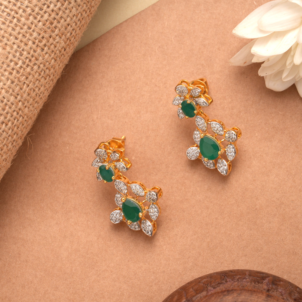 Elegant Emerald Bloom Flower Golden Earrings