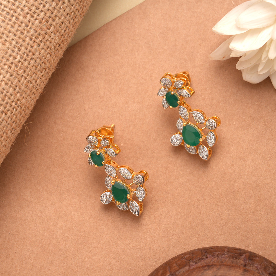 Elegant Emerald Bloom Flower Golden Earrings