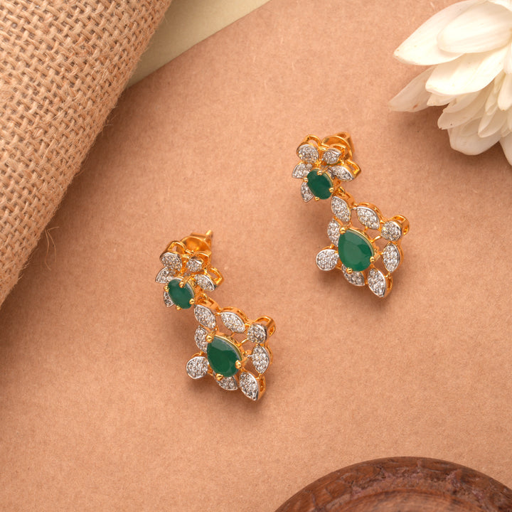 Elegant Emerald Bloom Flower Golden Earrings