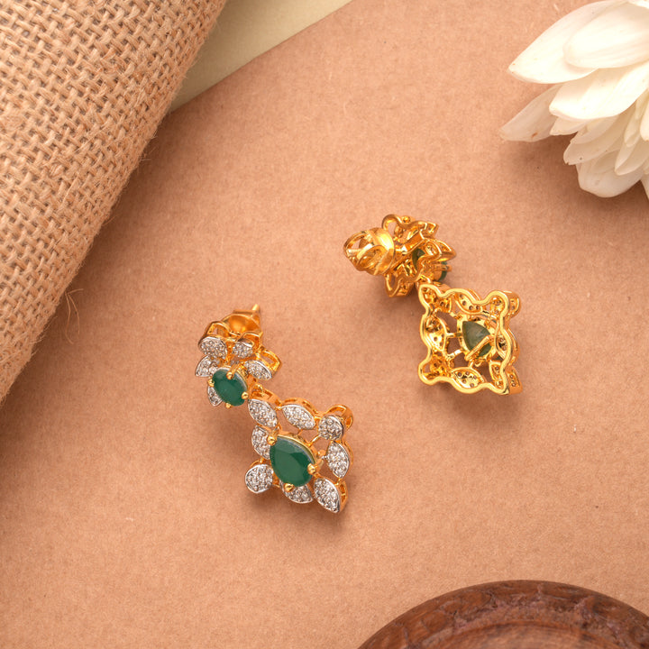 Elegant Emerald Bloom Flower Golden Earrings