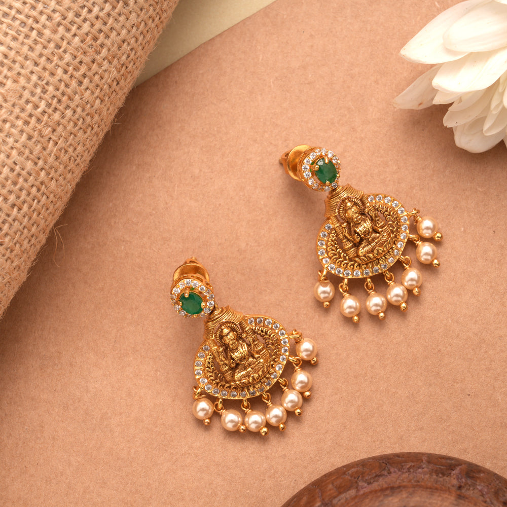 Goddess Lakshmi Design Pearl Drop Golden Earrings