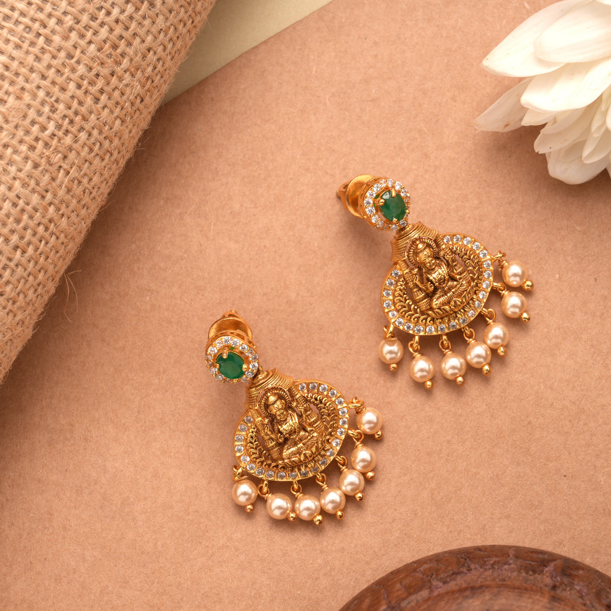 Goddess Lakshmi Design Pearl Drop Golden Earrings