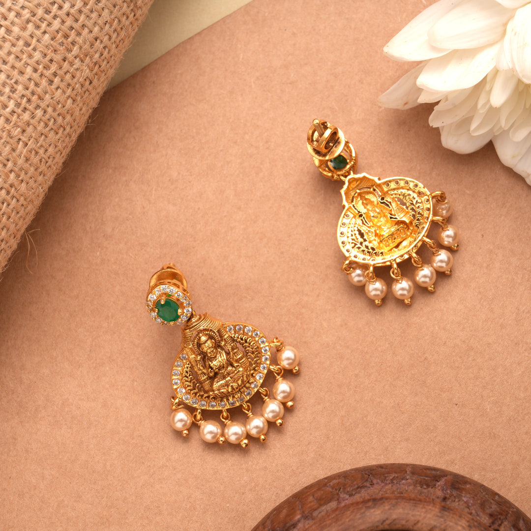 Goddess Lakshmi Design Pearl Drop Golden Earrings