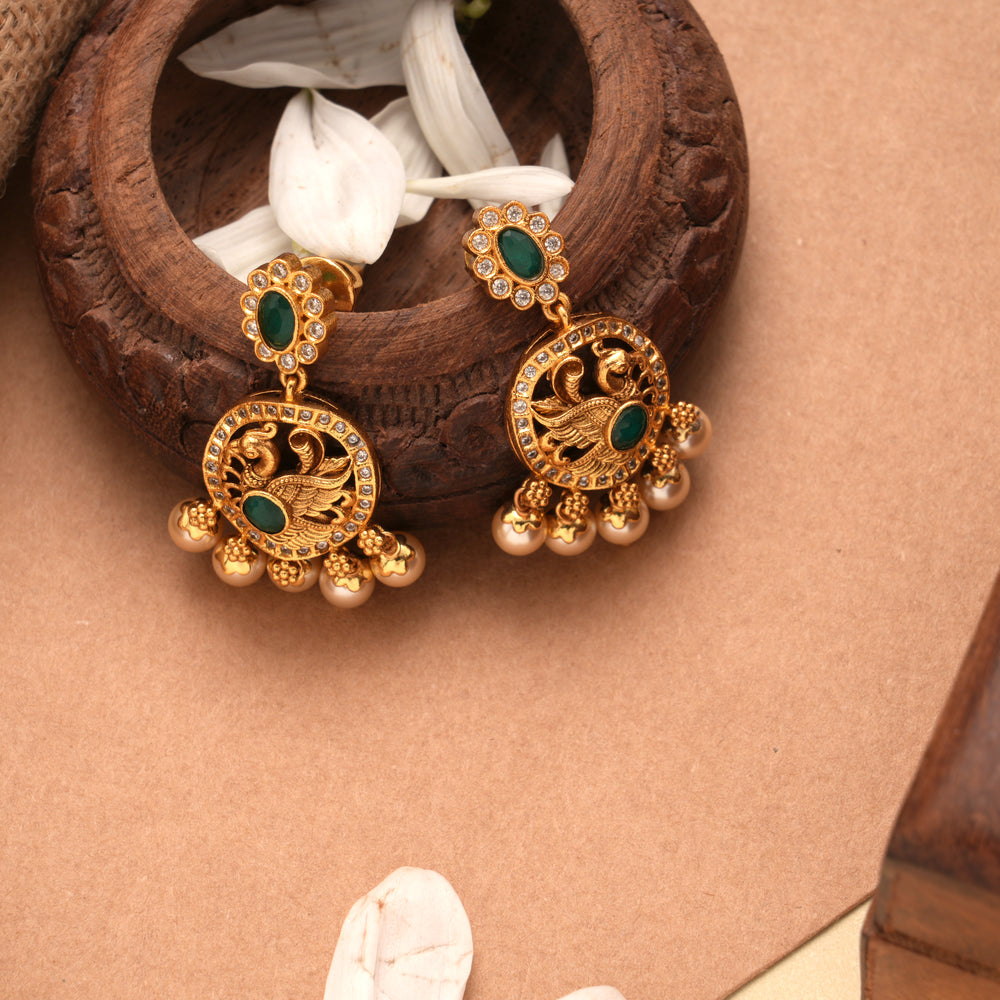 Regal Peacock Design Pearl Drop Golden Earrings