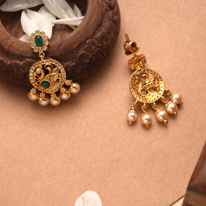 Regal Peacock Design Pearl Drop Golden Earrings