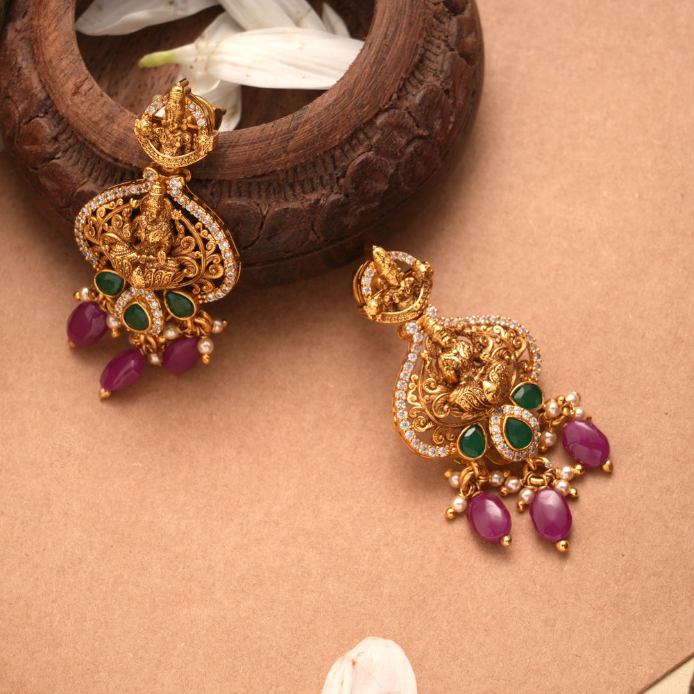 Goddess Lakshmi Ruby Drops Golden Earrings