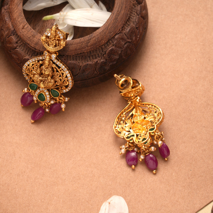 Goddess Lakshmi Ruby Drops Golden Earrings