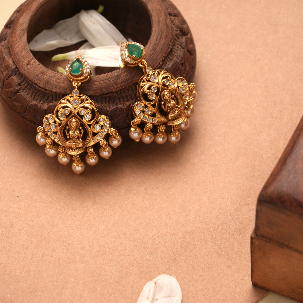 Blossom Floral Lakshmi Pearl Drop Golden Earrings