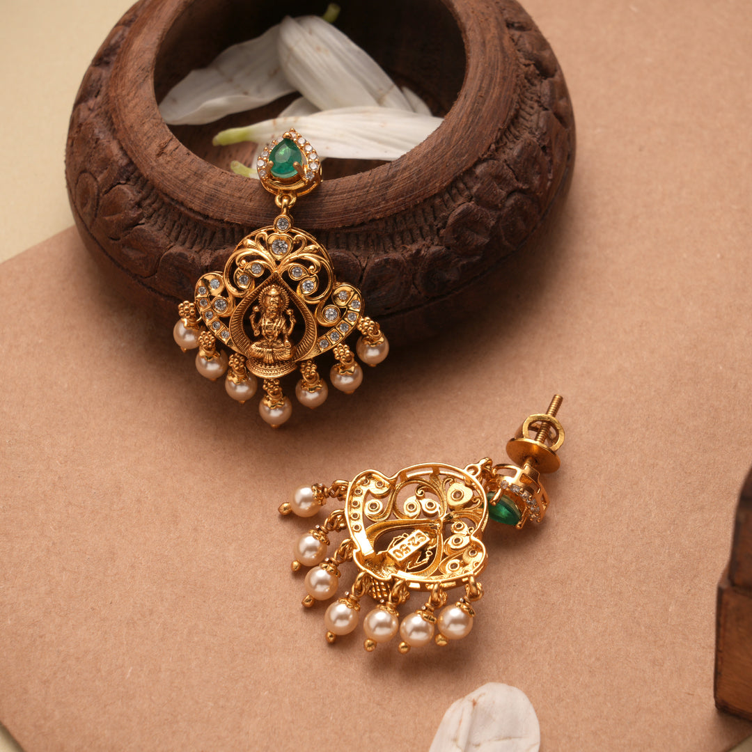 Blossom Floral Lakshmi Pearl Drop Golden Earrings