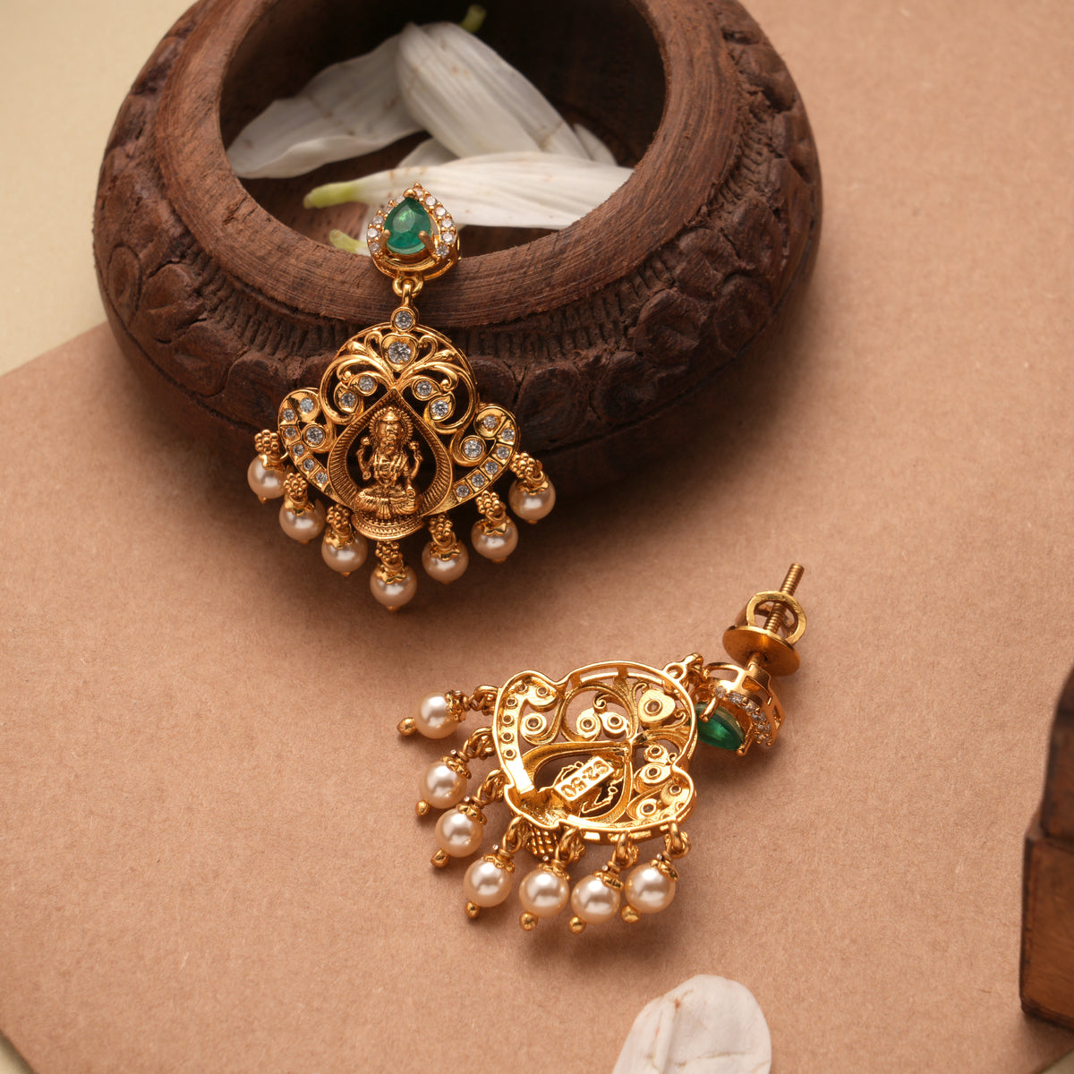Blossom Floral Lakshmi Pearl Drop Golden Earrings