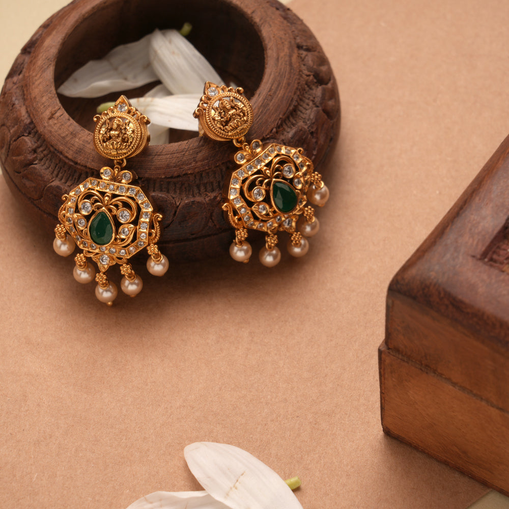 Square Floral Blossom Pearl Drop Golden Earrings