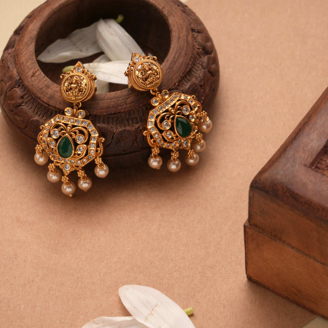 Square Floral Blossom Pearl Drop Golden Earrings