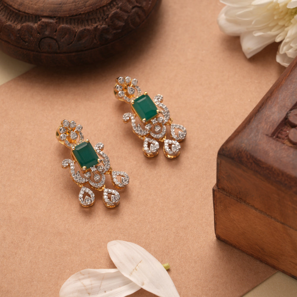 Halo Emerald Flower Design Golden Earrings