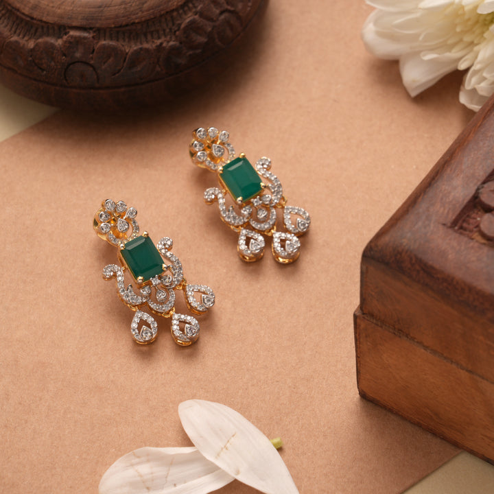 Halo Emerald Flower Design Golden Earrings