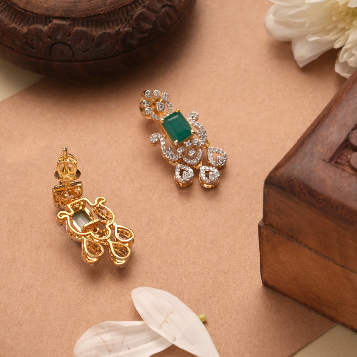 Halo Emerald Flower Design Golden Earrings