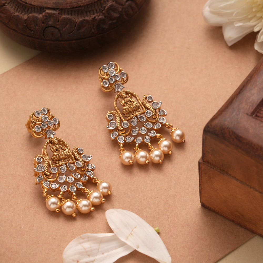 Spiritual Lakshmi Devi Pearl Drop Golden Earrings