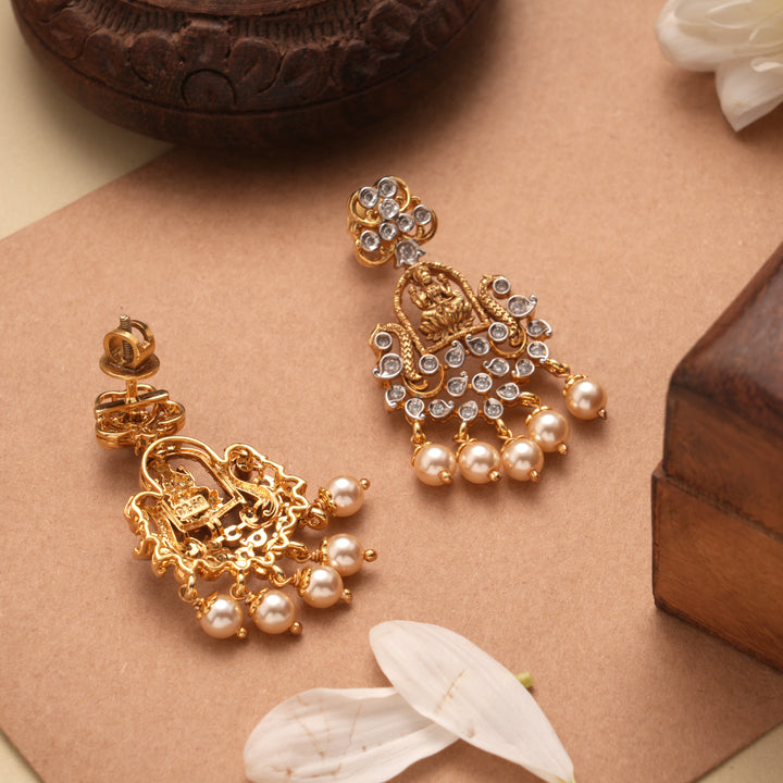 Spiritual Lakshmi Devi Pearl Drop Golden Earrings