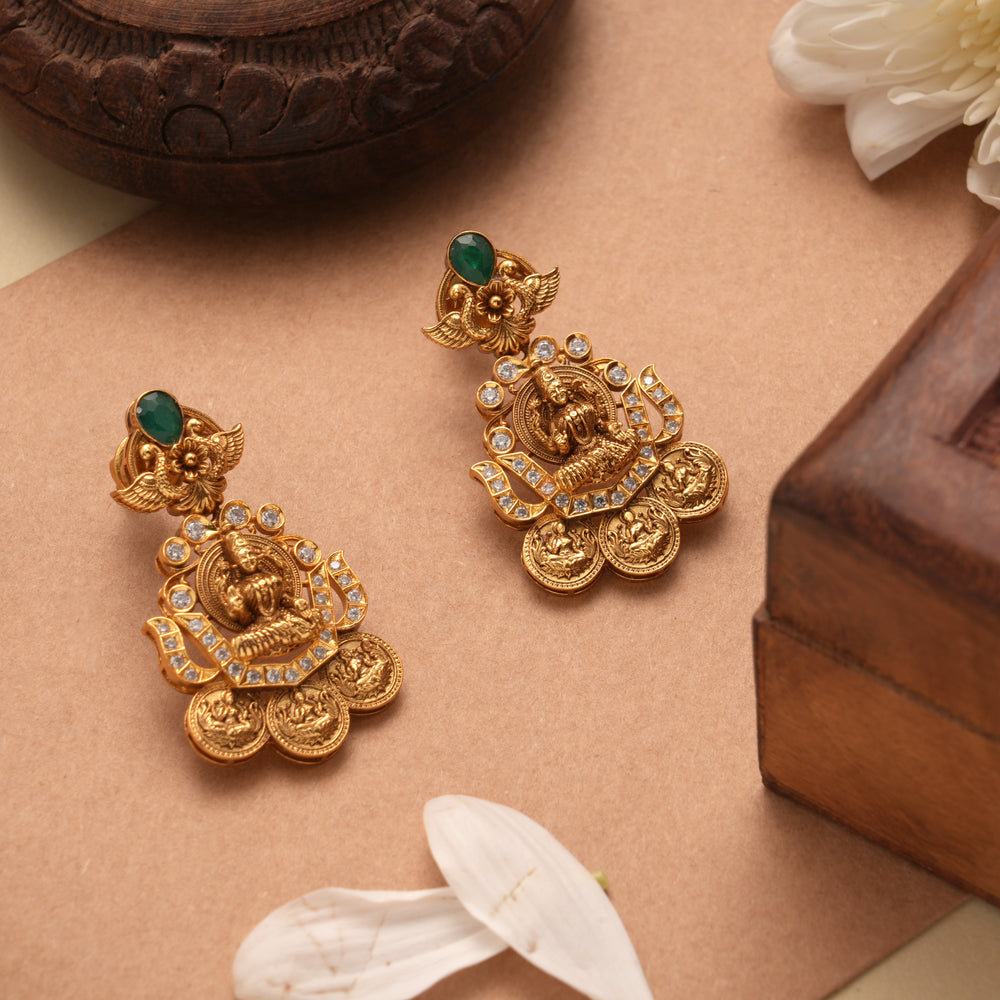 Lakshmi Devi Floral Coin Drop Golden Earrings