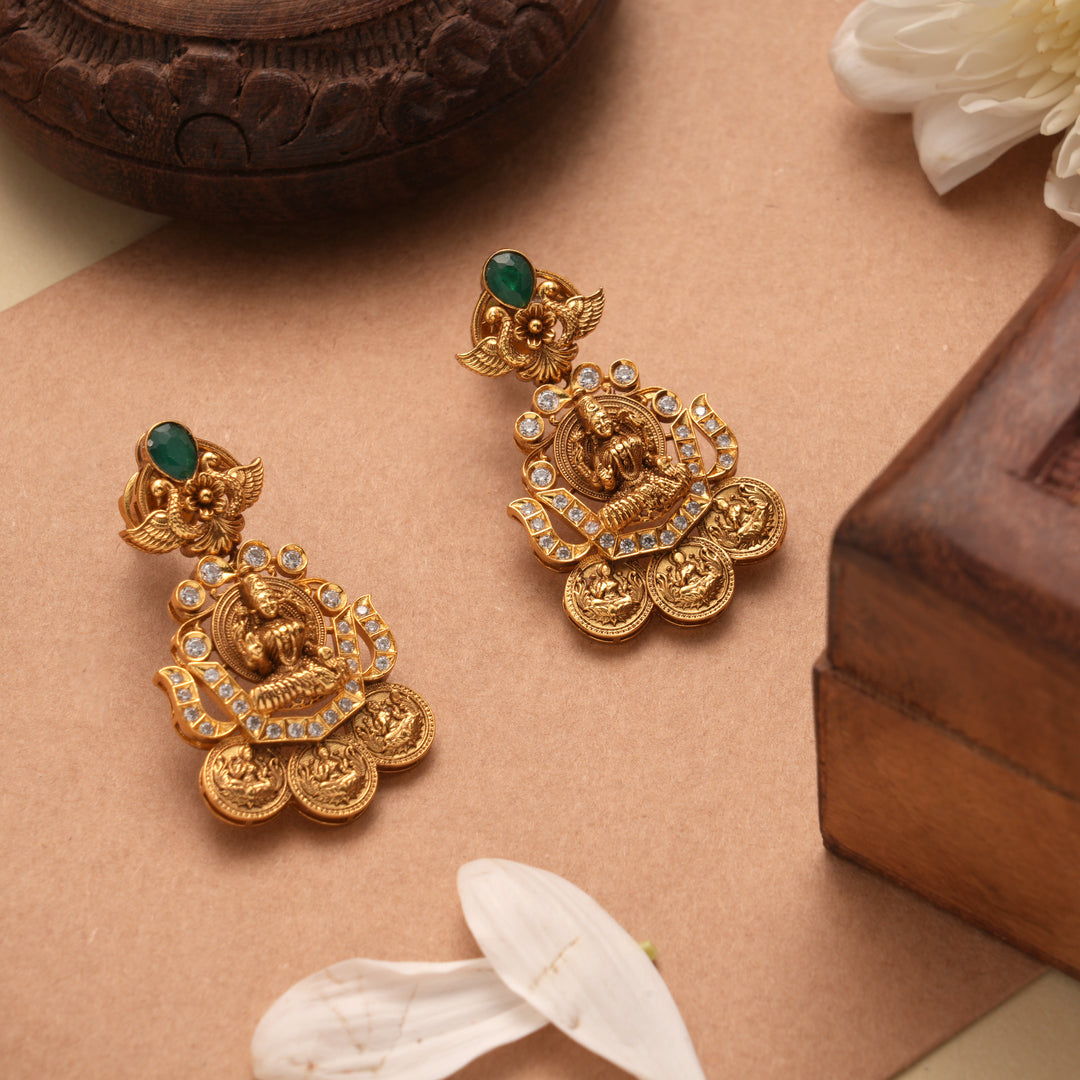 Lakshmi Devi Floral Coin Drop Golden Earrings